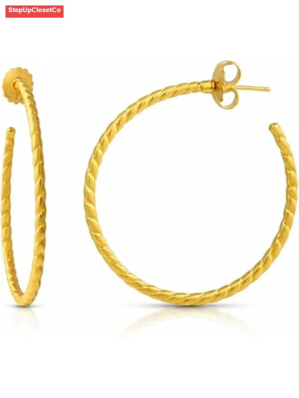 Gold Tone Twisted Rope Hoop Earrings Brass Round Stud Post Lightweight Statement